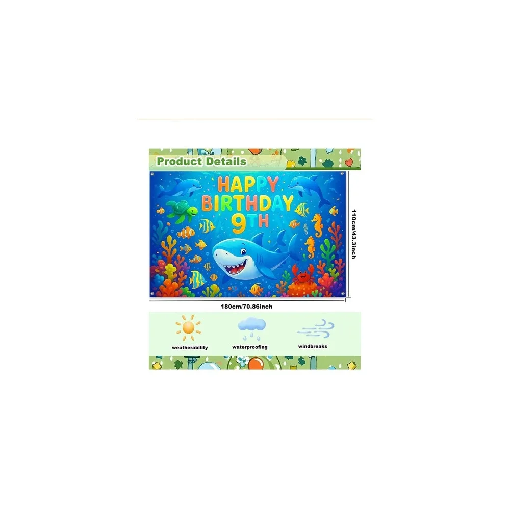 Under the Sea 9th Birthday Banner Shark Ocean Theme Party Backdrop 71x43in NEW